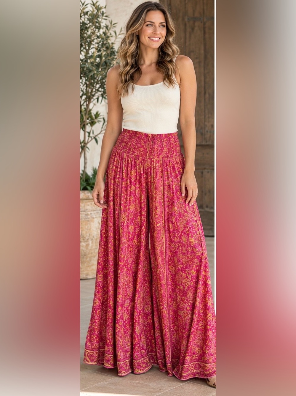 Rhea S/M Pink, Gold Paisley Silk Blend Palazzo Pants Wide Leg Boho NWT